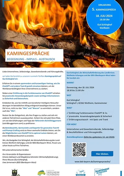 Einladungsflyer zum 5. Kamingespräch am 18.07.2024: ChatGPT & KI im Unternehmensalltag