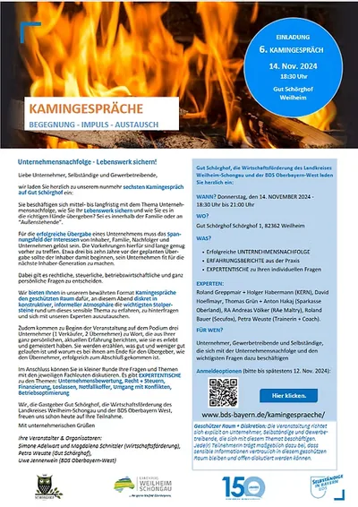 Einladungsflyer zum 6. Kamingespräch am 14.11.2024: Unternehmensnachfolge – Lebenswerk sichern