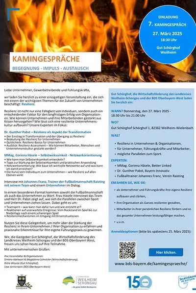 Einladungsflyer zum 7. Kamingespräch am 27.03.2025: Resilienz in Unternehmen und Organisationen