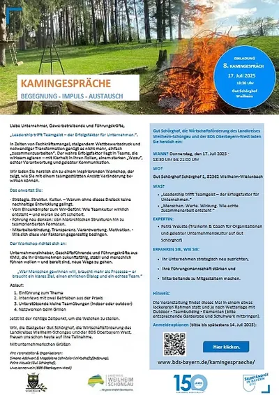 Einladungsflyer zum 8. Kamingespräch am 17.07.2025: Leadership trifft Teamgeist – der Erfolgsfaktor für Unternehmen