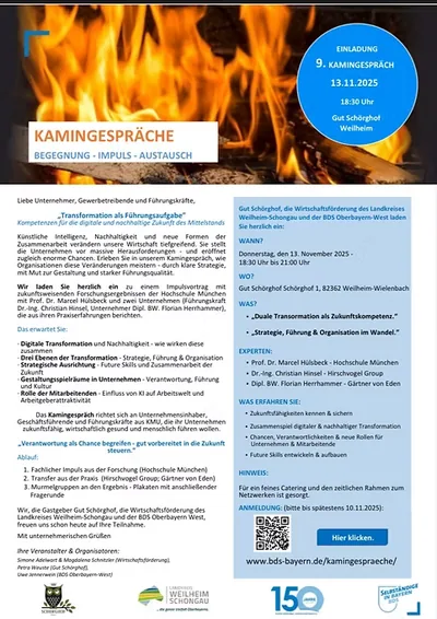 Einladungsflyer zum 9. Kamingespräch am 13.11.2025: Transformation als Führungsaufgabe