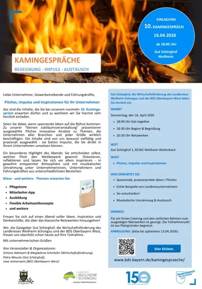 Einladungsflyer zum 10. Kamingespräch am 16.04.2026: Pitches, Impulse und Inspirationen für Ihr Unternehmen