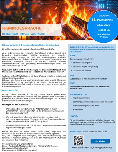 Einladungsflyer zum 11. Kamingespräch am 23.07.2026: Führung zwischen KI-Dynamik und menschlicher Verantwortung